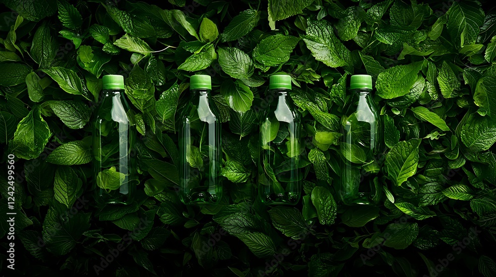 Obraz premium Green Bottles Amidst Lush Green Leaves