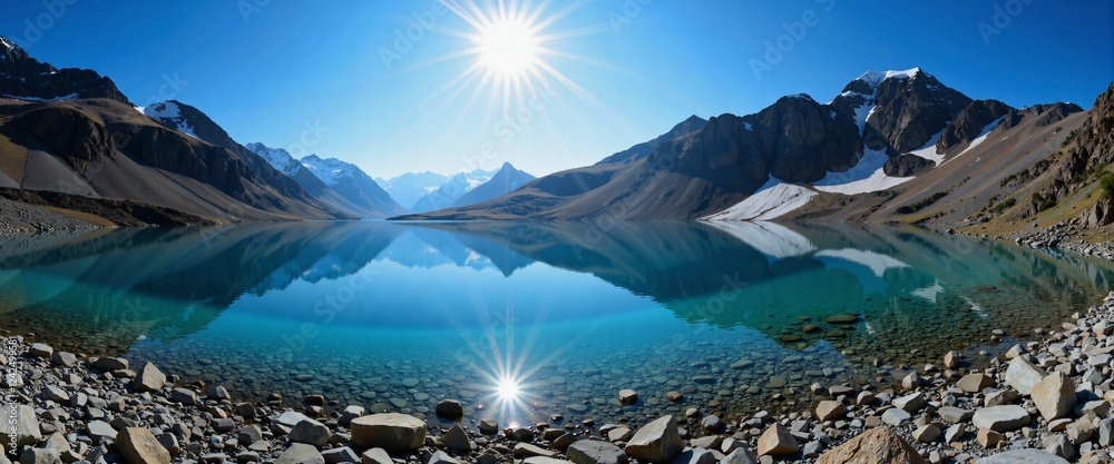 Obraz premium A peaceful high-altitude lake glowing under the soft golden hues of the sun.