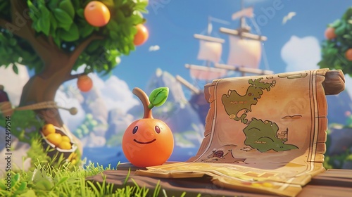 Peach character on a treasure hunt with a map photo