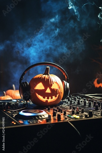 Carved halloween pumpkin wearing headphones is sitting on a dj mixer