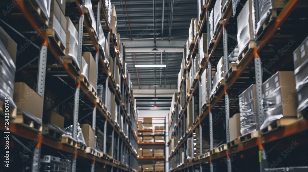 Warehouse Interior with Shelves and Boxes for Efficient Storage Solutions Warehouse Interior with Shelves and Boxes for Efficient Storage Solutions