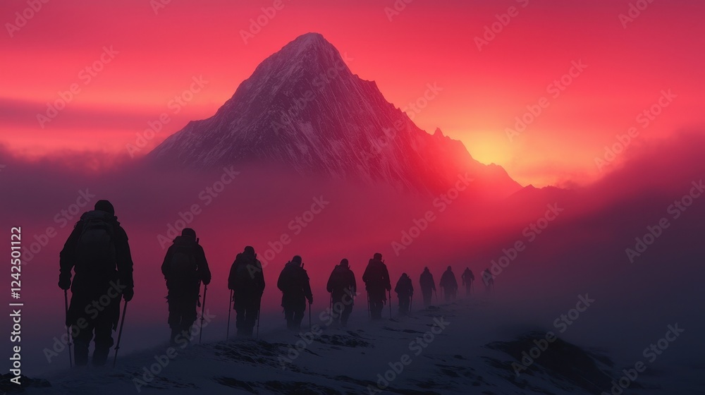 Fototapeta premium Mountain Sunrise Hikers Trekking Through Fog and Colorful Sky