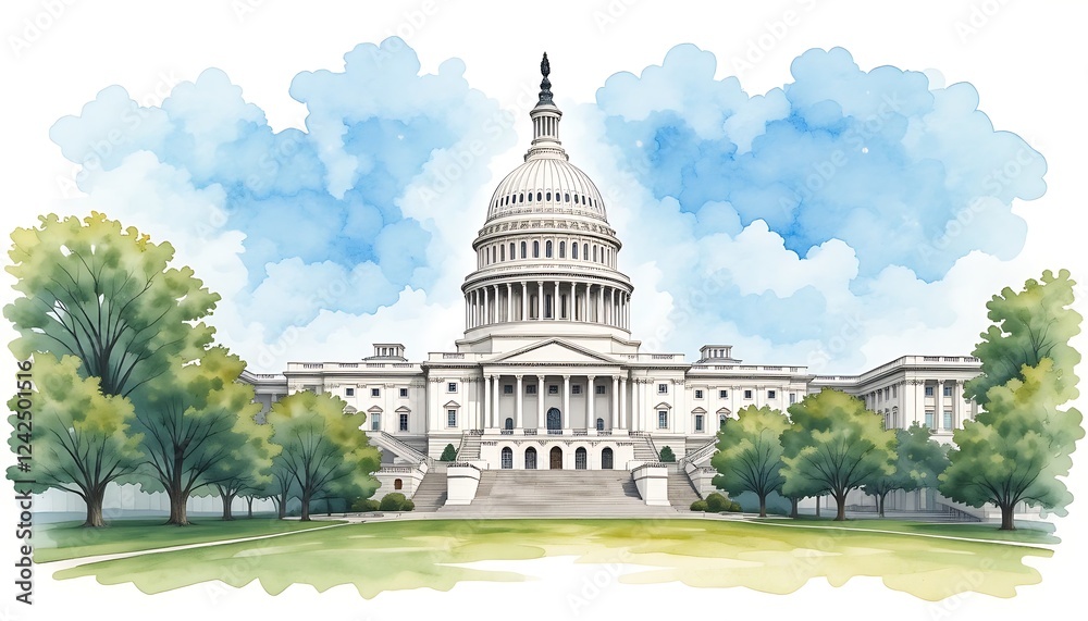 Fototapeta premium Watercolor Painting of the United States Capitol Building in Washington D.C. with Lush Green Trees and a Cloudy Sky
