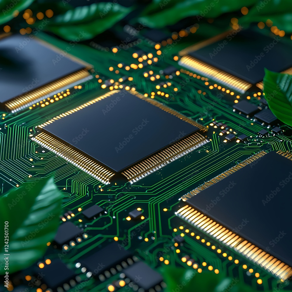 Obraz premium Green Circuit Board with Microchips and Leaves