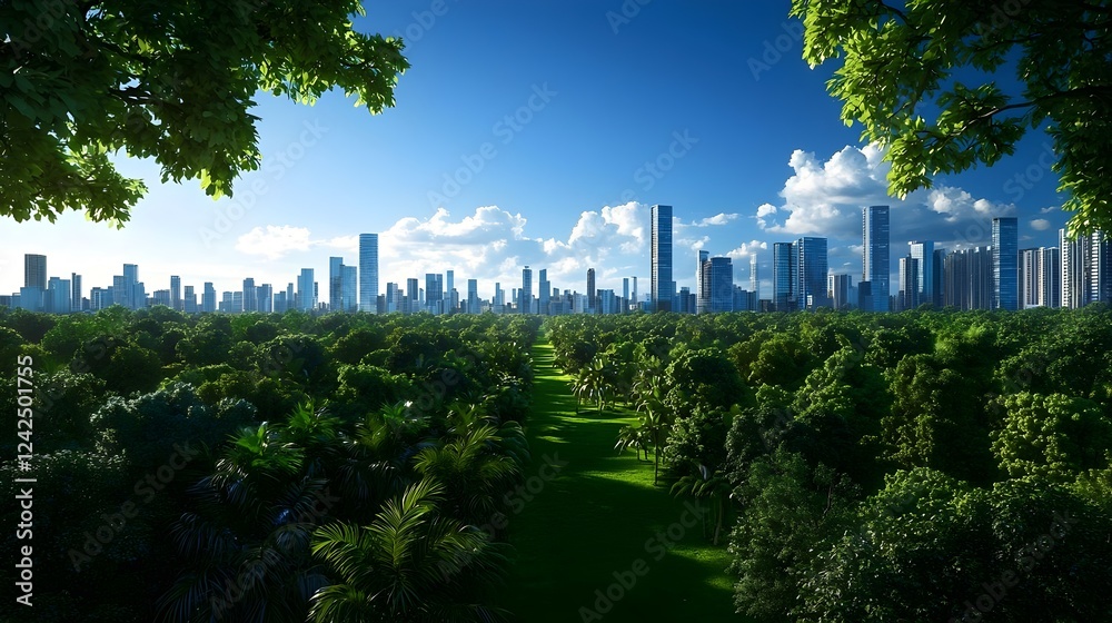 Fototapeta premium Green City Skyline Under a Sunny Sky