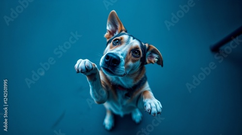 Dog standing on hind legs asking for attention from a top view perspective