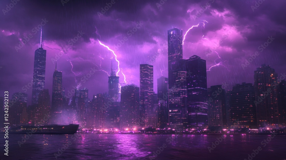 Obraz premium Lightning storm over the city in purple light