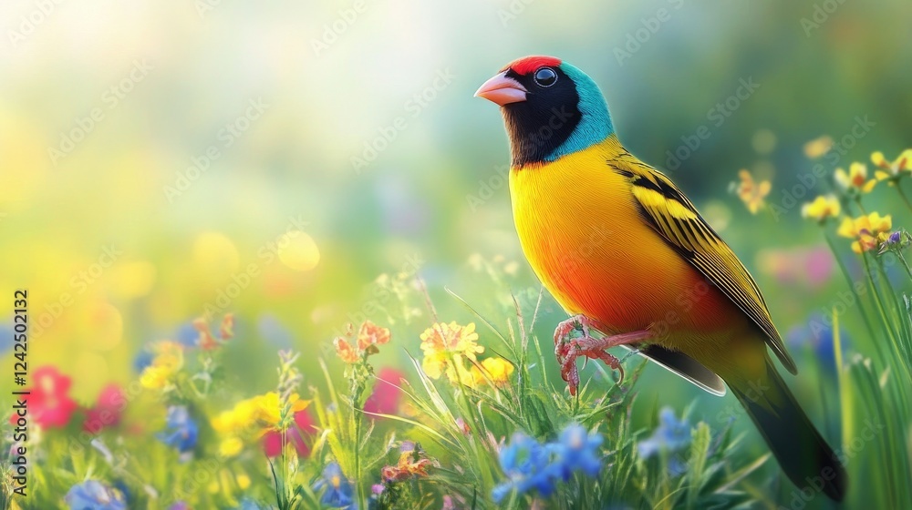 Obraz premium A serene nature scene featuring a Gouldian sparrow with its radiant plumage, set against a backdrop of wildflowers and green fields.