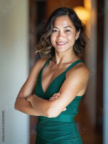 Woman in a green dress smiles with arms crossed, exuding warmth. photo