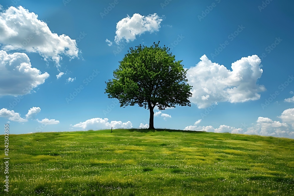 Tree on green meadow and blue sky with white clouds. Nature background Tree on green meadow and blue sky with white clouds. Nature background