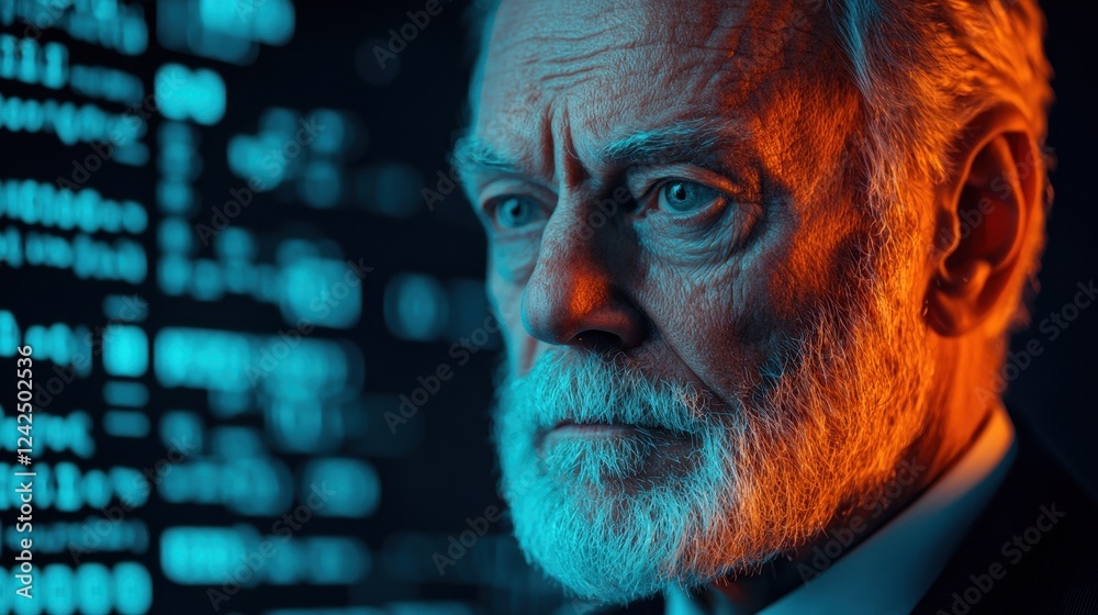 Thoughtful senior man gazing at data with a digital backdrop Thoughtful senior man gazing at data with a digital backdrop
