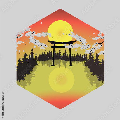 Torii Gate Illustration Design with Cherry Blossoms in Red Color