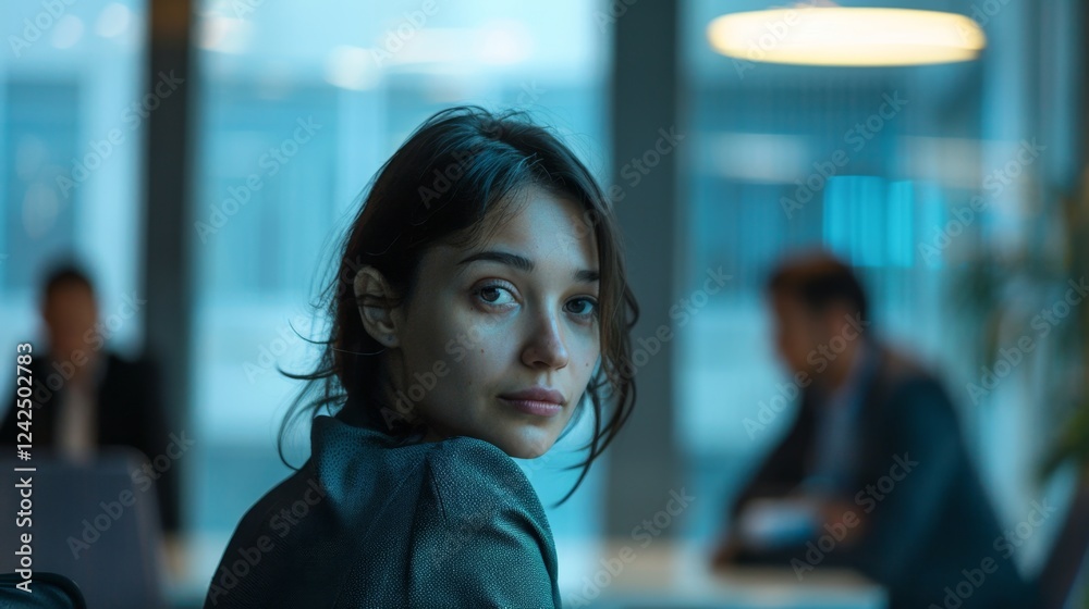Fototapeta premium A woman confidently sitting in an office, ready for a meeting.