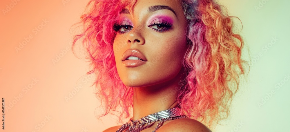Obraz premium Vibrant Portrait of a Woman with Colorful Hair and Makeup