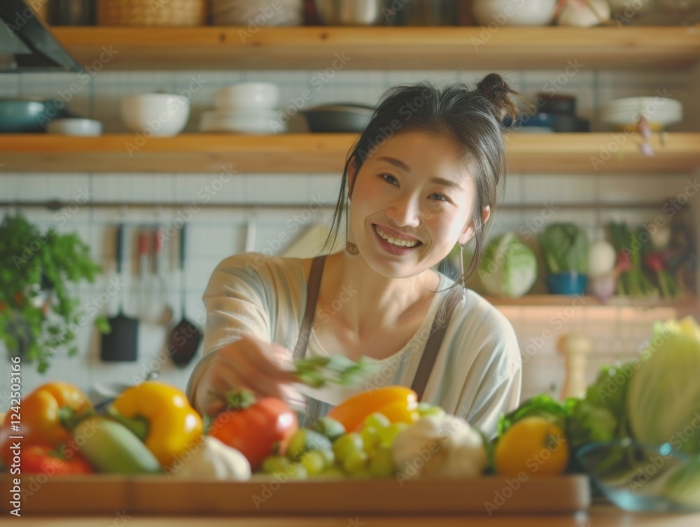 Fototapeta premium A woman happily choosing fresh vegetables and fruits in a bright kitchen