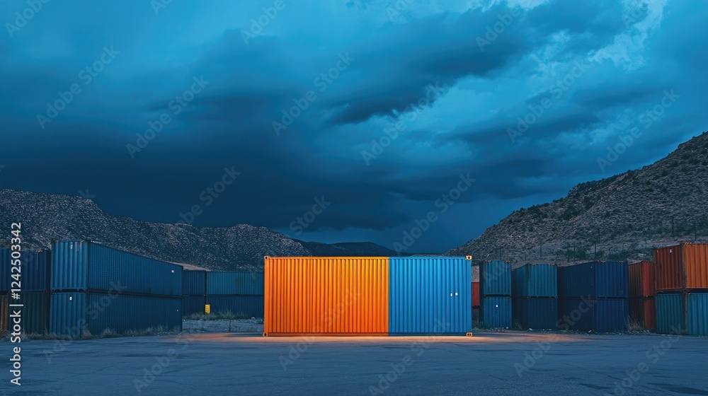 Naklejka premium A vibrant blue and orange freight container in focus, surrounded by stacks of muted containers under a dark sky
