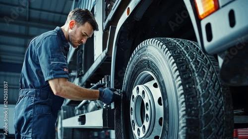 Truck Mechanic at Work: A focused mechanic meticulously works on a large truck tire, showcasing his expertise and attention to detail in a professional automotive repair setting.