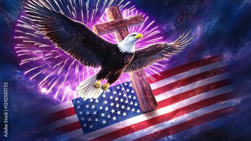 Patriotic Eagle Soaring: A majestic bald eagle soars majestically against a backdrop of vibrant fireworks exploding in the sky, a wooden cross standing tall before an unfurled American flag.