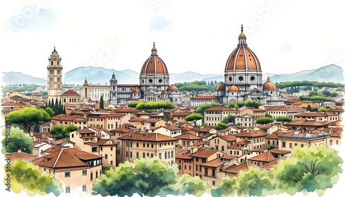 A Detailed Watercolor Painting of Florence, Italy, Showcasing the Duomo, Cityscape, and Lush Greenery