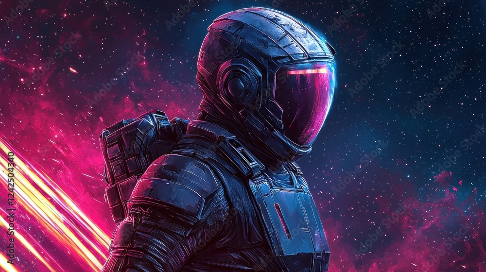 Futuristic astronaut exploring deep space with vibrant cosmic background Futuristic astronaut exploring deep space with vibrant cosmic background