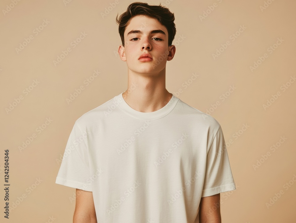 Calm Teen Portrait Serene Expression Natural Light Beige Backdrop Simplistic Clean Look Fashion Calm Teen Portrait Serene Expression Natural Light Beige Backdrop Simplistic Clean Look Fashion