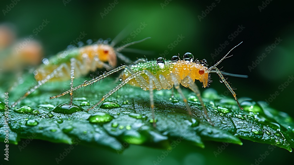 Aphids on dew-covered leaf, macro, garden, pest control Aphids on dew-covered leaf, macro, garden, pest control