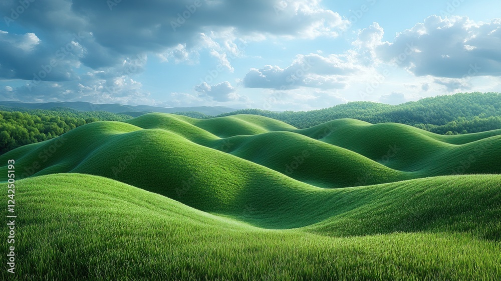 Fototapeta premium Rolling green hills landscape under cloudy sky