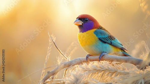 A vividly colored Gouldian sparrow resting on a branch, its vibrant feathers standing out against a soft meadow backdrop. photo