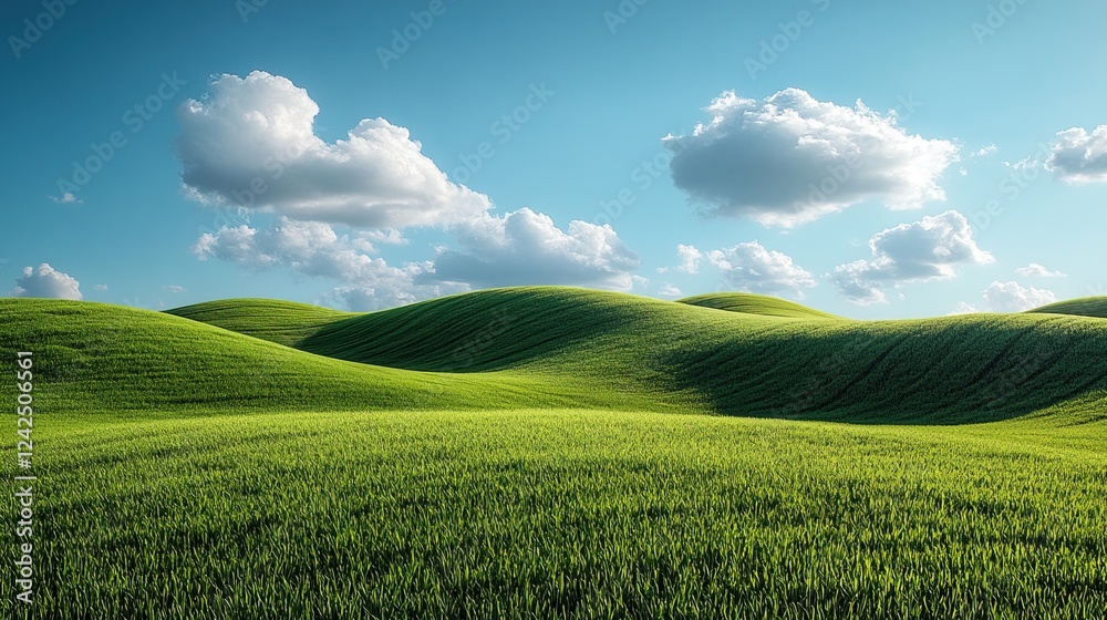 Rolling green hills under a cloudy blue sky Rolling green hills under a cloudy blue sky