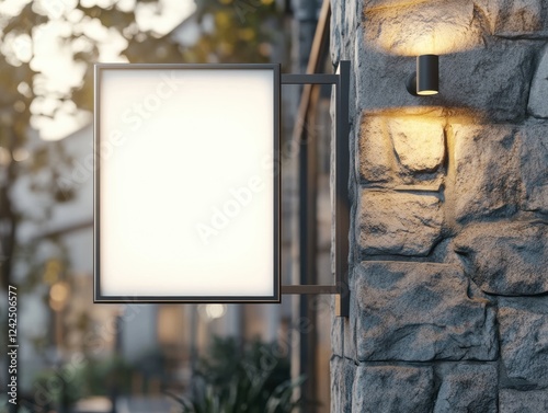 Empty Store Signage on Stone Wall Lit by Warm Light Provides Advertisement Space for Retail