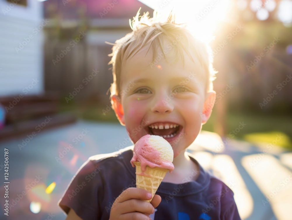 Joyful Boy Enjoying Ice Cream in a Bright Outdoor Setting Joyful Boy Enjoying Ice Cream in a Bright Outdoor Setting