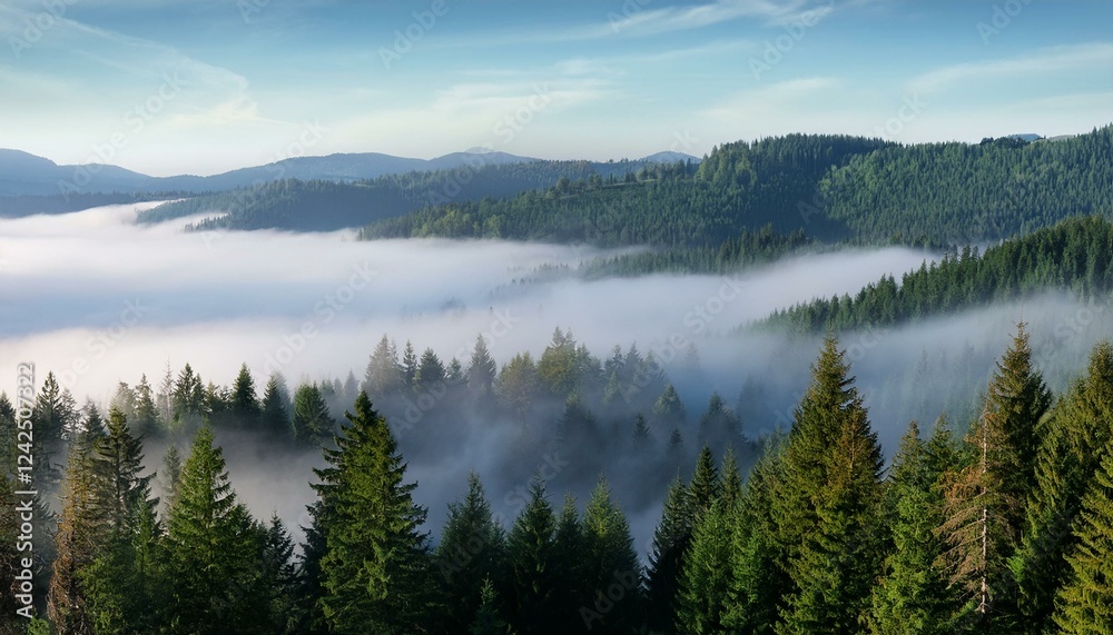 Fototapeta premium Morning mist over lake. Beautiful view ofer a foggy forest from hill 