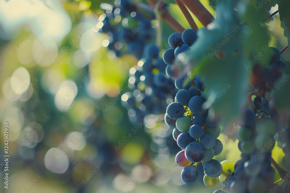 Clusters of Grapes on the Vine Highlighting Winemaking and Harvesting Process