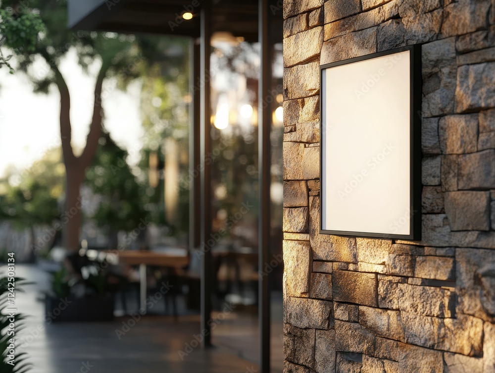 Illuminated White Sign on Stone Wall at Building Exterior Advertising Space for Promotion Material