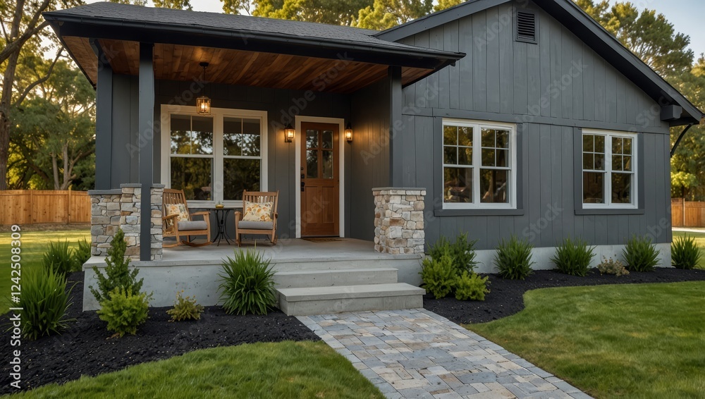 A beautifully designed gray ranch house featuring a wide open layout, large windows, and a welcoming front porch A beautifully designed gray ranch house featuring a wide open layout, large windows, and a welcoming front porch
