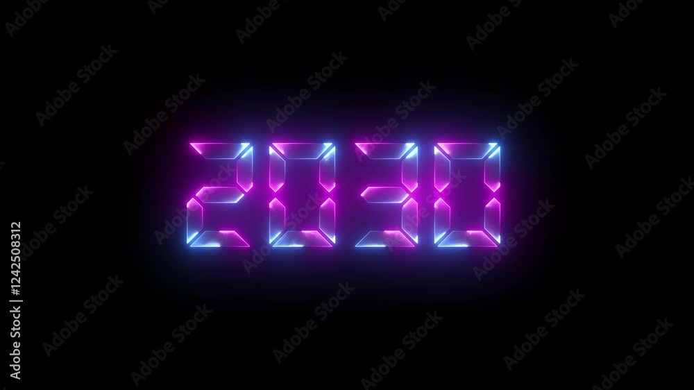 The number 2030 year displayed in large, blue and pink color, Digital font against a dark background with neon line looping animation The number 2030 year displayed in large, blue and pink color, Digital font against a dark background with neon line looping animation