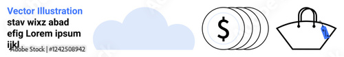 Cloud, stack of coins with dollar sign, and shopping bag with tag combining technology, finance, and retail themes. Ideal for e-commerce, savings, cloud technology, investment shopping online