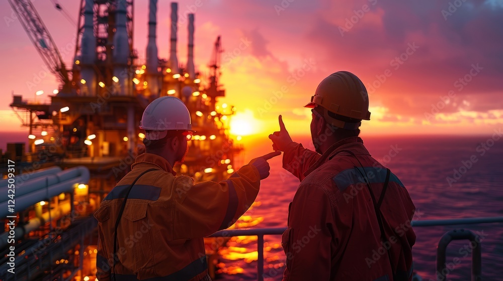 Offshore Workers at Sunset: Two oil rig workers in high-visibility safety gear stand silhouetted against a vibrant sunset, overlooking an offshore oil platform. Offshore Workers at Sunset: Two oil rig workers in high-visibility safety gear stand silhouetted against a vibrant sunset, overlooking an offshore oil platform.