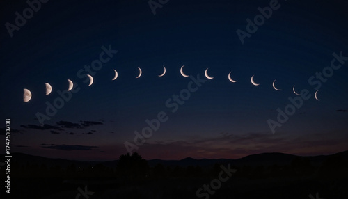 A series of moon phases shown across a dark blue sky, symbolizing time passage, lunar cycles, celestial movement, and natural rhythm of space
