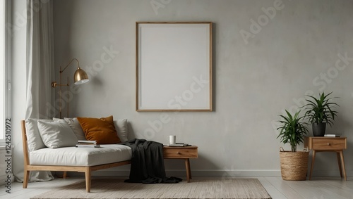 A blank framed canvas leaning against a white wall, providing a versatile scene for artistic mockups
