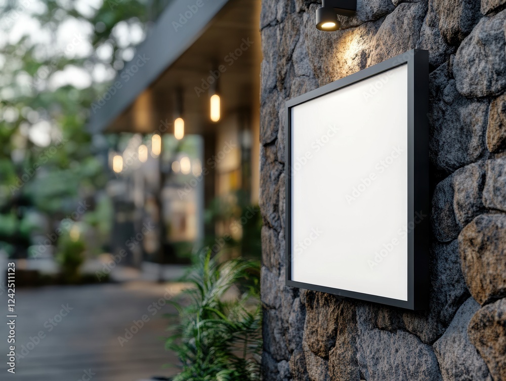 Modern Architecture Signage on Stone Cladding Facade with Lush Greenery Ambience Outdoor Space Modern Architecture Signage on Stone Cladding Facade with Lush Greenery Ambience Outdoor Space
