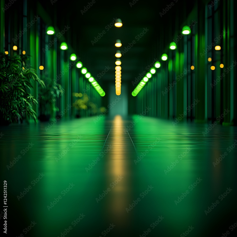Fototapeta premium Green Illuminated Corridor at Night