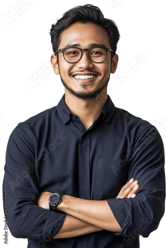 A young, optimistic Asian executive or businessman of Malay or Indonesian descent wearing glasses, a black long-sleeved shirt, arms crossed smiling into camera isolated on a transparent background