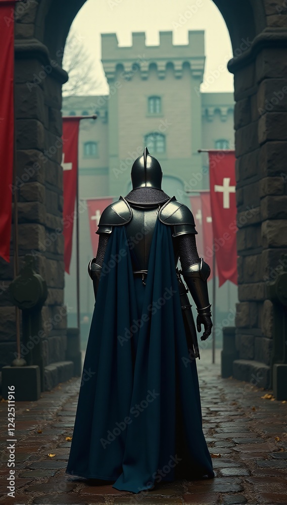 Naklejka premium Medieval knight in armor walking through fortress gate with red banners