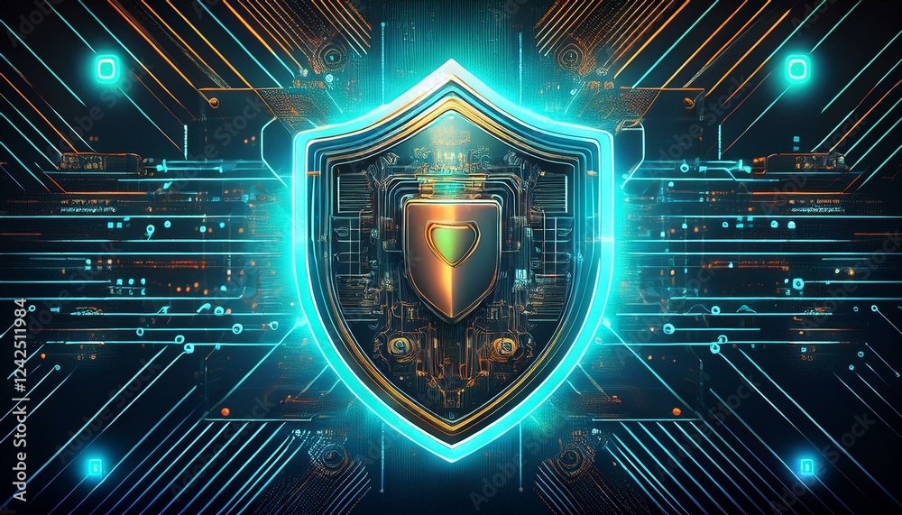 Fototapeta premium Shield blue energy. Digital IT security shield.