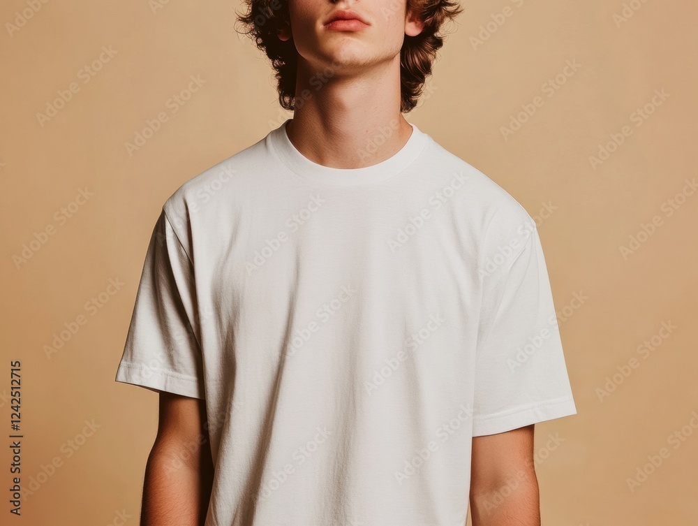 Person in Simple White Cotton T-Shirt Casual Fashion and Neutral Studio Backdrop Presentation