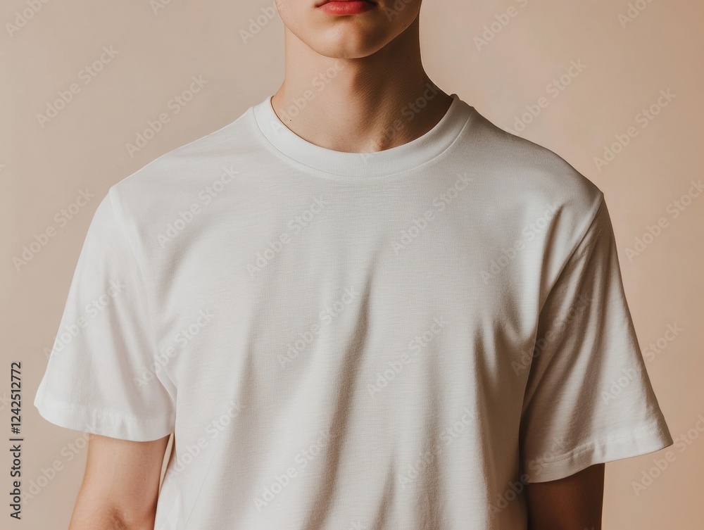 Person Wearing a Clean White Round Neck T Shirt Casual Style on a Beige Background Closeup View Person Wearing a Clean White Round Neck T Shirt Casual Style on a Beige Background Closeup View