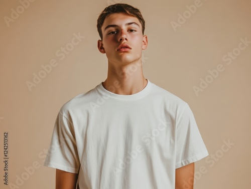 Portrait of a Confident Young Man in White T Shirt Looking Straight Ahead in Studio Setting