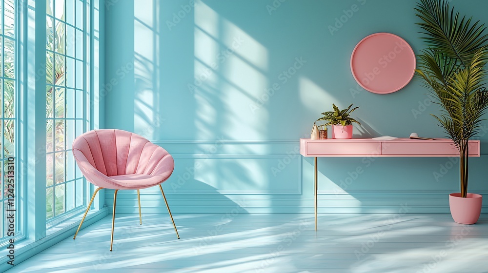 Fototapeta premium Bright and airy living space featuring a pink chair and table, with sunlight streaming through windows