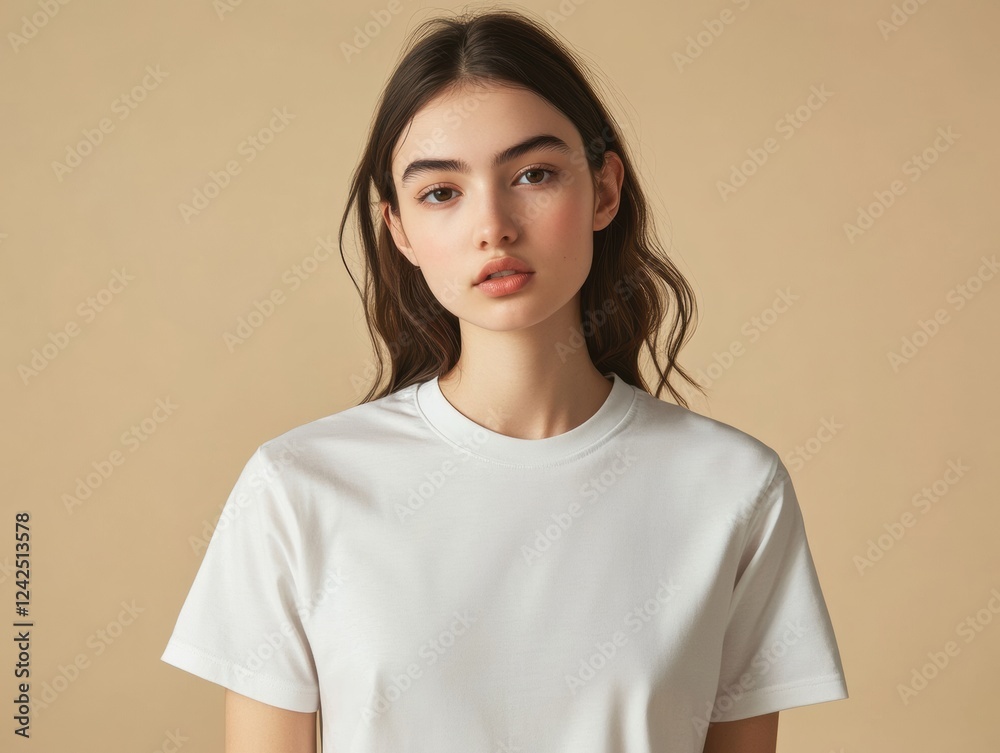 Fototapeta premium Portrait of a Young Woman in a White T Shirt with Brown Hair against a Neutral Background